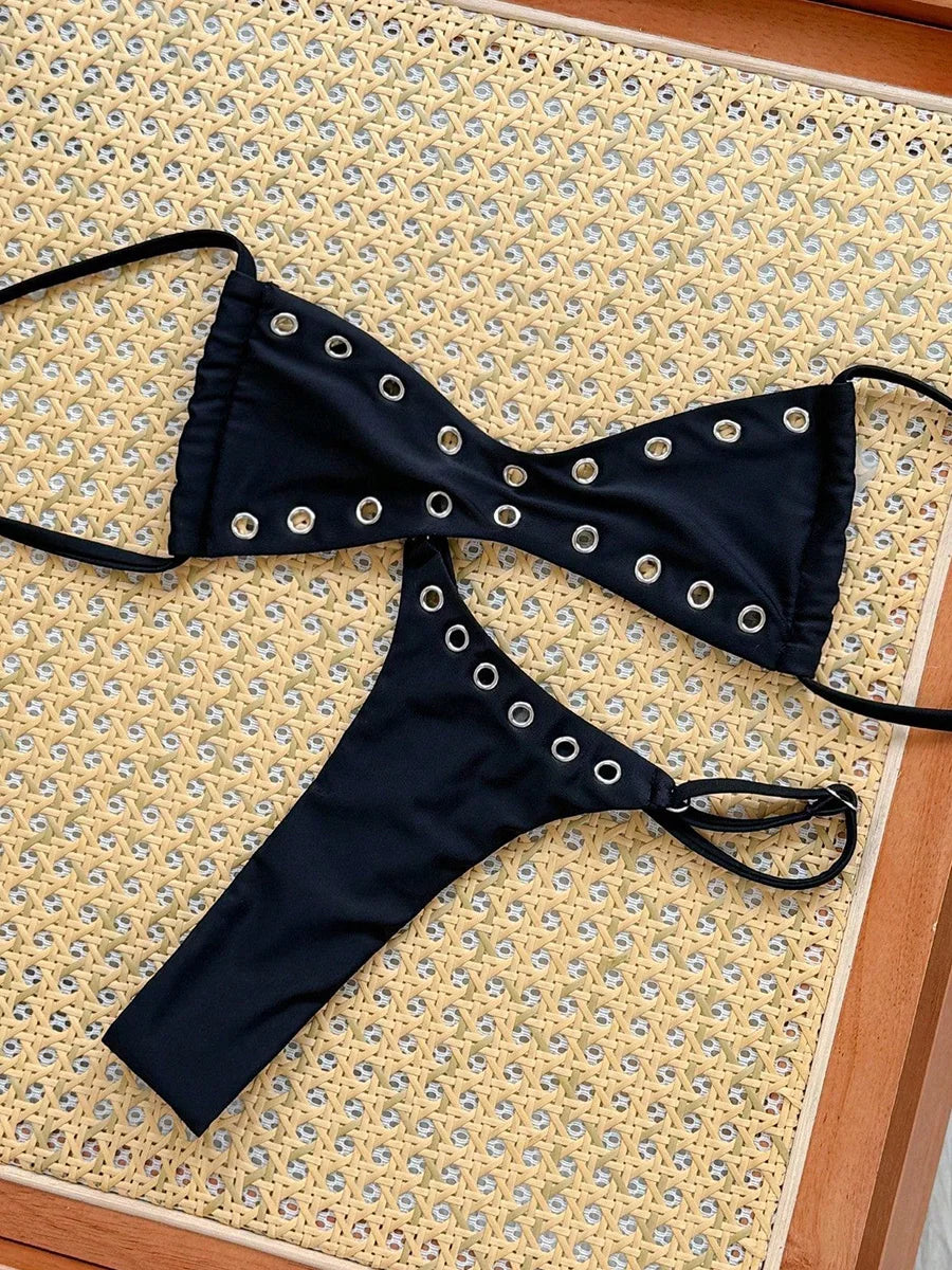 XS - L Halter Mini Micro Thong Bikini Women Swimwear Female Swimsuit Two-pieces Bikini Set Metal Rings Bather Bathing Suit Swim