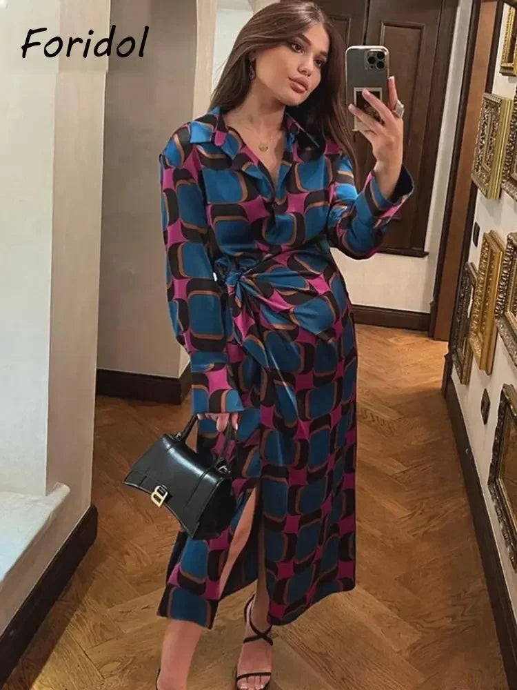 Foridol Side Split Women Fashion Geometric Print Blue New In Shirt Wrap Dress Women Long Sleeve Bowknot Maxi Long Vestido Robe