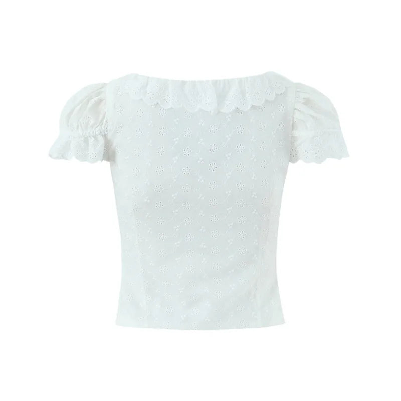 Sweet Lace Doll Collar Puff Sleeve Women's Shirt With Single Breasted Buttons Hollow Jacquard Slim-fit Pure Desire Elegant 6VN3