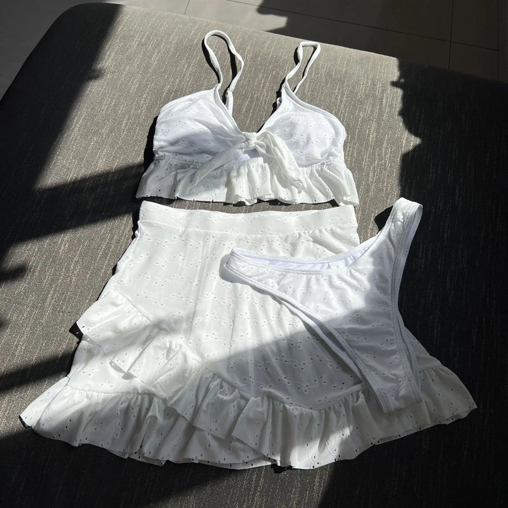 Women plain front tie bow bikini sets three pieces with high waist ruffles mini skirt swimsuit bathing suit beach outfits