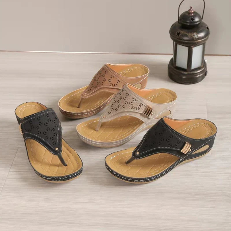 Summer Women's Wedge Sandals 2023 Clip Toe Orthopedic Arch Support Sandals Woman Pu Leather Non-Slip Soft Platform Flip Flops