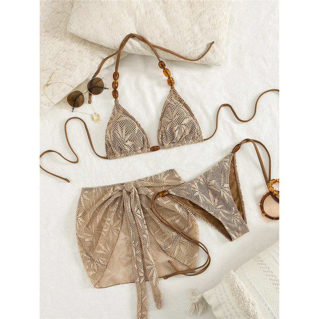 S - XL With Skirt Printed Halter Bikini Women Swimwear Female Swimsuit Three-pieces Bikini set Bather Bathing Suit Swim V8195