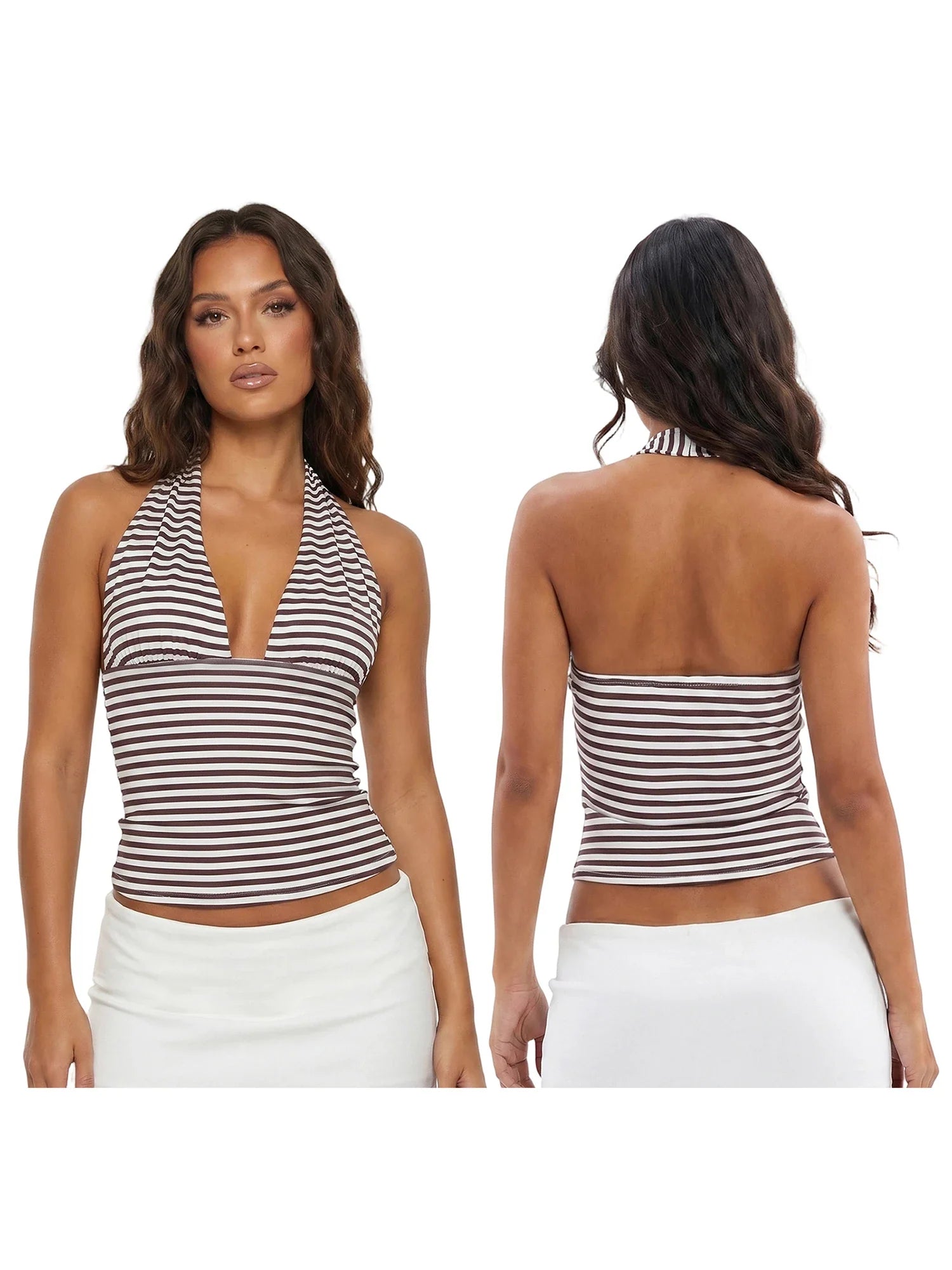 Women's Halter Tops Striped V Neck Sleeveless Open Back Slim Fit Vest Summer Party Daily Casual Wear Street Tank Tops