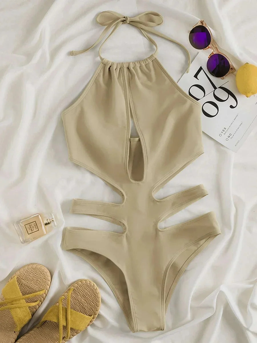 2025 New Sexy Halter Women Swimwear One Piece Swimsuit Female Hollow Out Monokini Bather Bathing Suit Summer Beach Wear Bodysuit