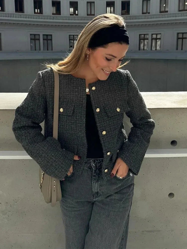 Foridol Tweed Knitted Dark Grey Blazer Coat Women Autumn Winter Gingham Short Coat Office Lady Vintage Buttons Veste
