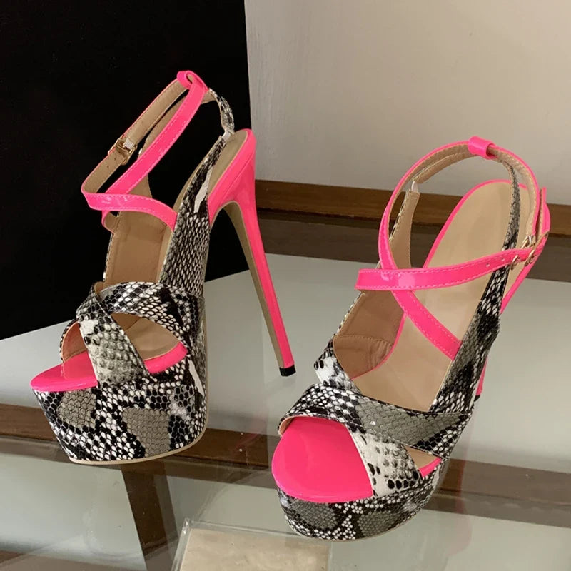 New Sexy Snake Print Leather Platform High Heels Sandals Women Fashion Peep Toe Buckle Strap Stiletto Party Dress Shoes