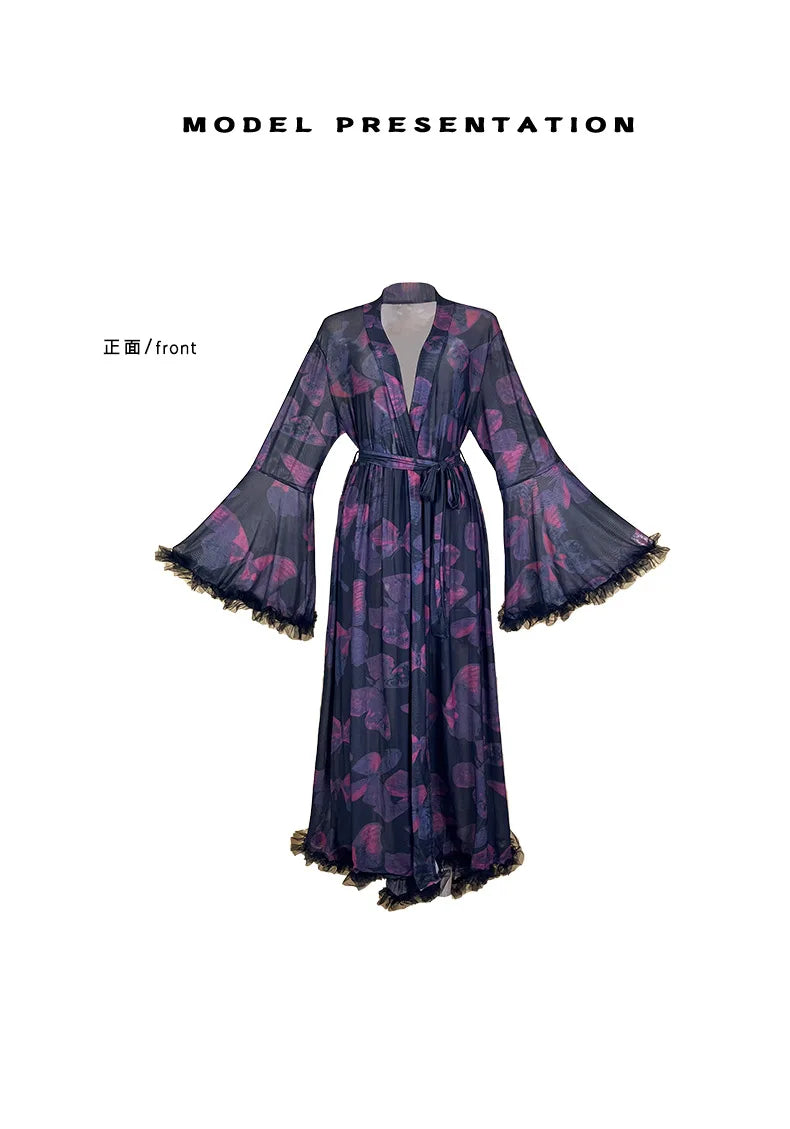 2026 New Women Elegant Butterfly Print Mesh Robe Big Flare Sleeve Lace Up Tassel Fringe High Slit Bathrobe Loungewear