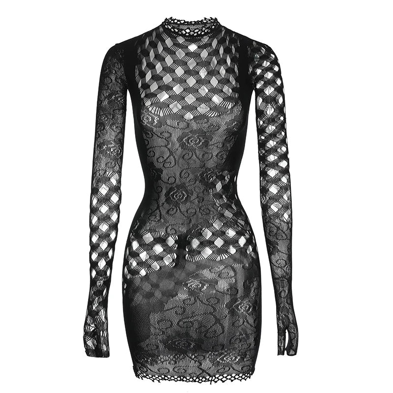 Women Sheer Mesh Long Sleeve Beach Cover Up, Sexy See-Through Fishnet Dress, Solid Bodycon  For Summer Beach Party