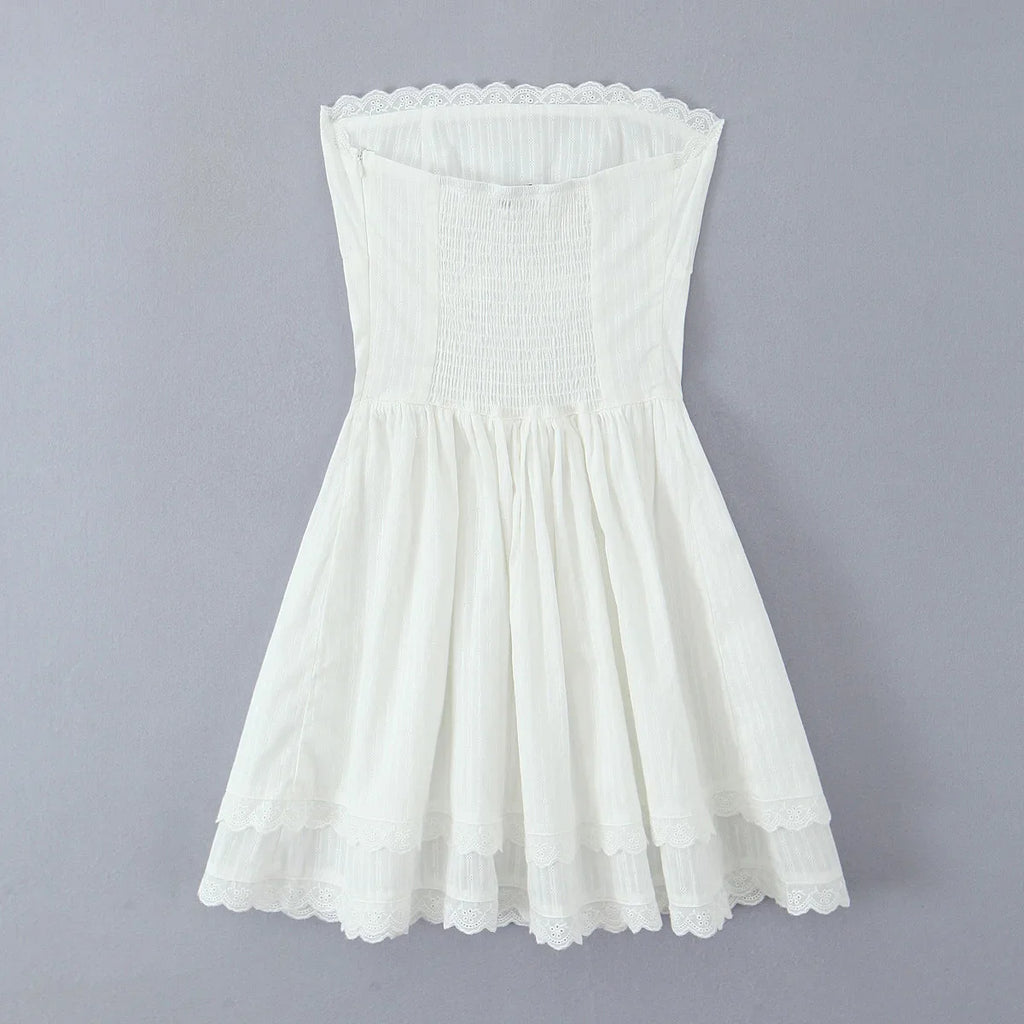 White Lace Dress Women Strapless Sleeveless Short Summer Dress Corset Cotton Mini Beach Casual Vestidos Party Dress 2025