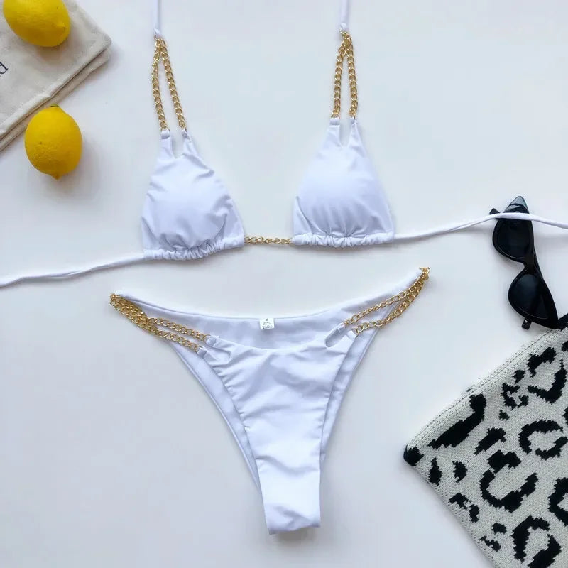 Sexy Cow Print Halter Metal Chains Brazilian Bikini Women Swimsuit Female Swimwear Two Pieces Bikini Set Bathing Suit Swim Lady