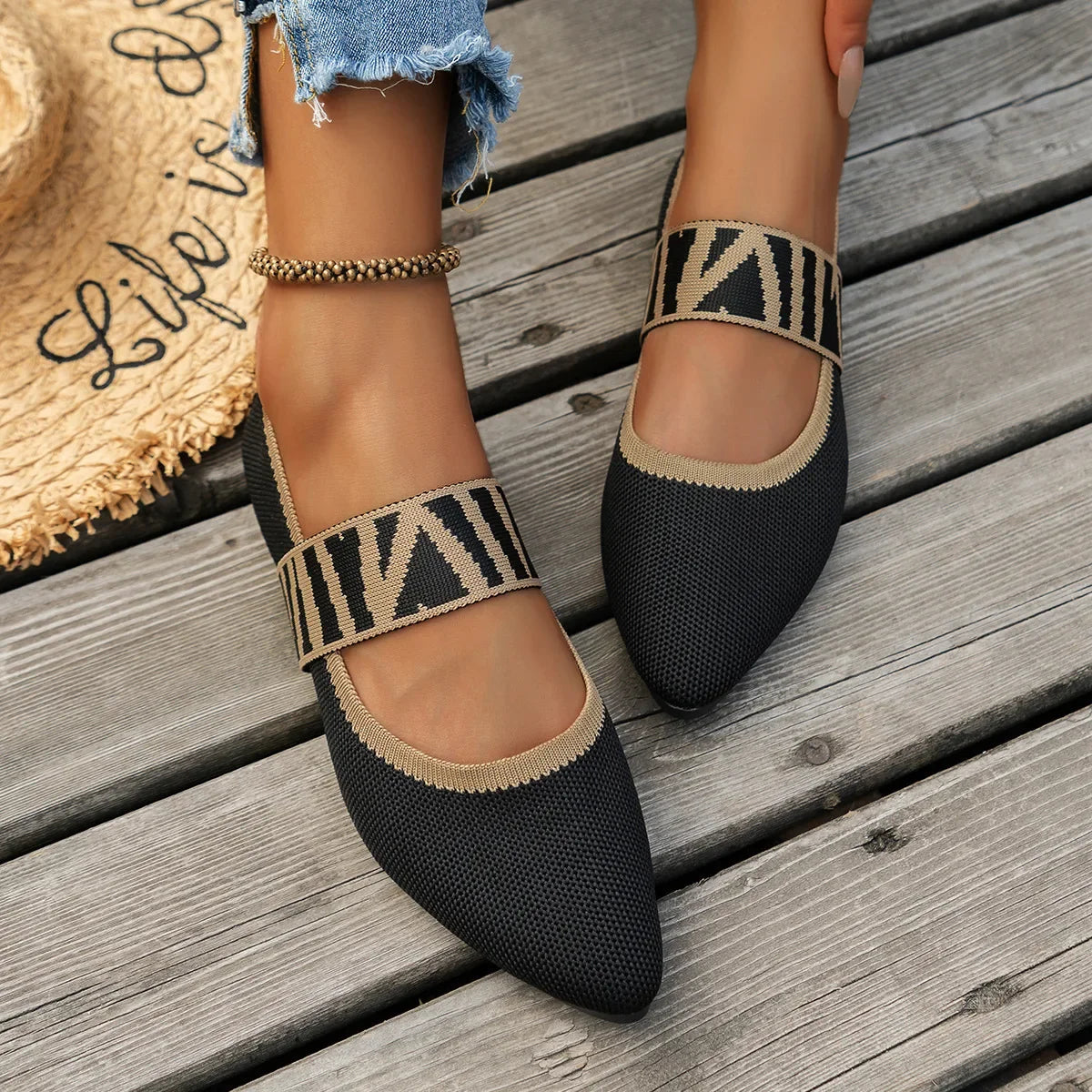 Knitted Color-block Women's Flat Shoes Dressy Ballet Flats Casual striped straps Pointed Toe Loafers Female Daily Shoes Big Size