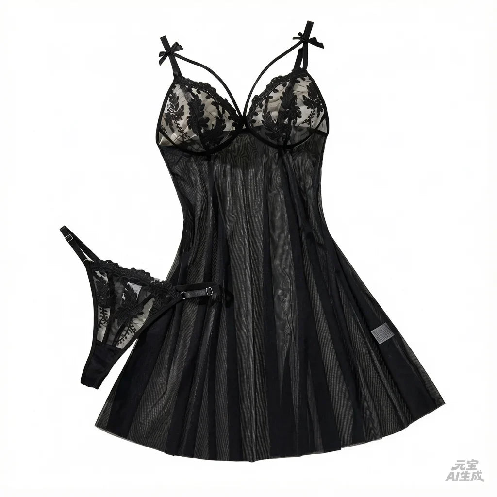 Black Floral Lace Striped Sheer Mesh Babydoll Lingerie Set Slip Nightdress With Matching Thong Women Sexy Sleepwear ZA825066