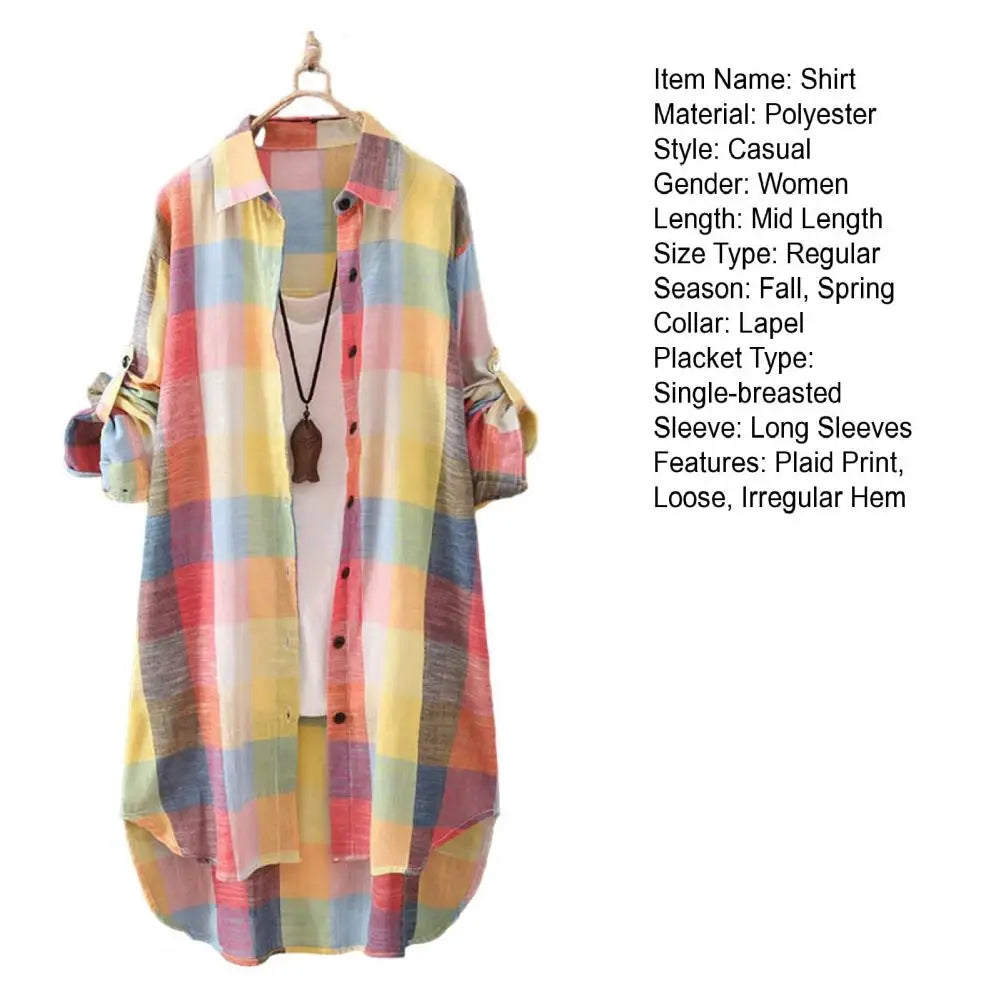 Long Sleeve Lapel Oversized Shirts Women Shirt Plaid Print Irregular Hem Single-breasted Soft Breathable Lady Long Top