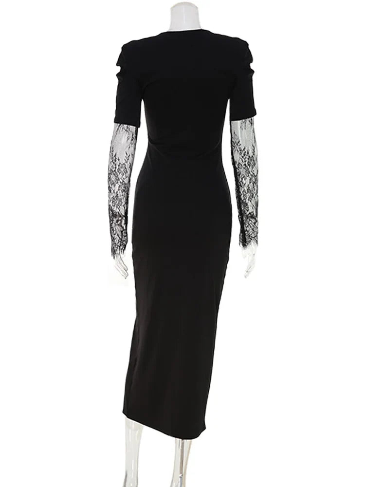 Ahagaga Eelgant Lace Women's Dress Patchwork Long Sleeves Autumn Party Slim Fit Sheath Velvet Sexy Split Trend Female Vestidos