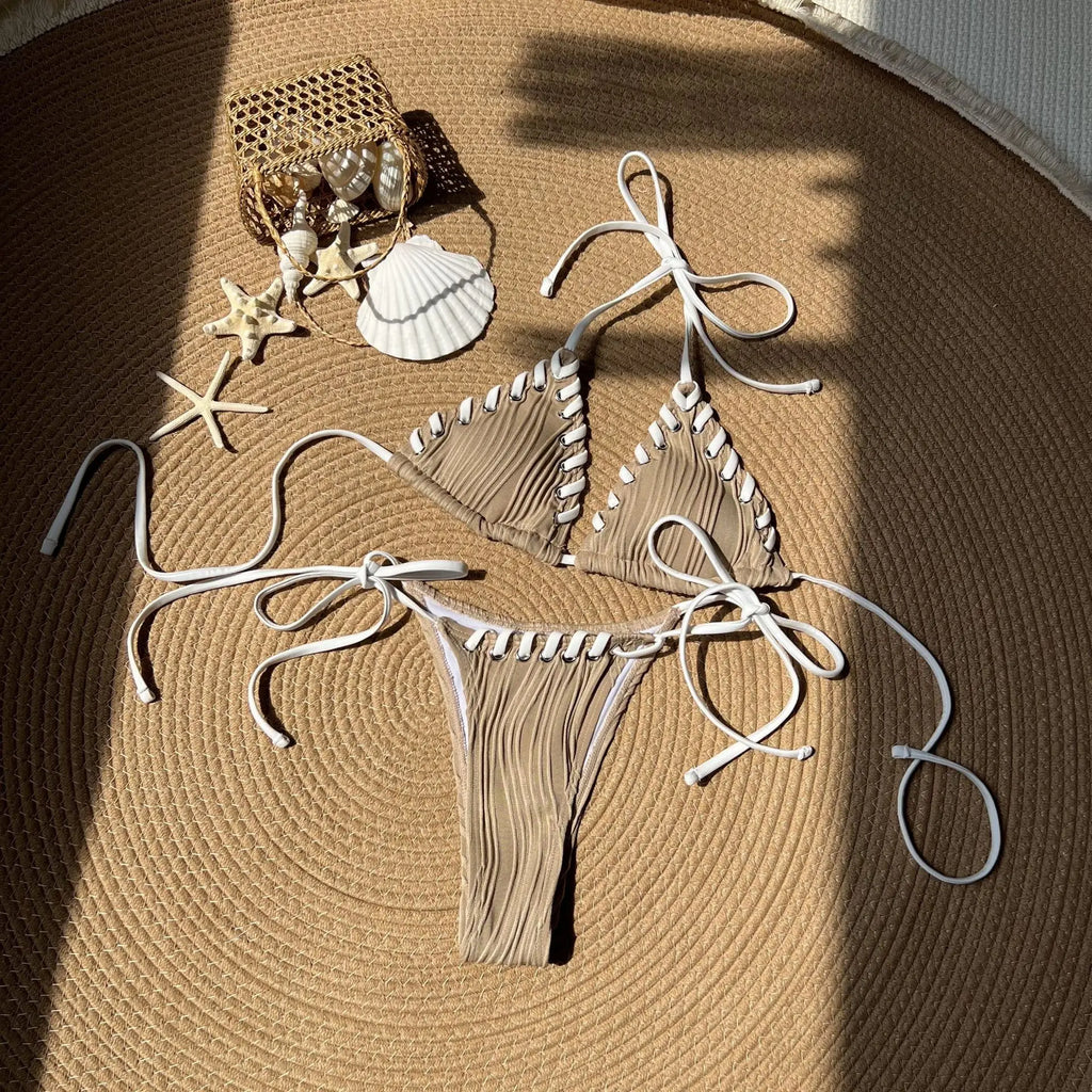 Sexy Micro Bikini 2025 Women Beige Brown Pink Weave Bandage Cross Crochet Swimsuit Brazilian Beach Bathing Suit Thong Swimwear