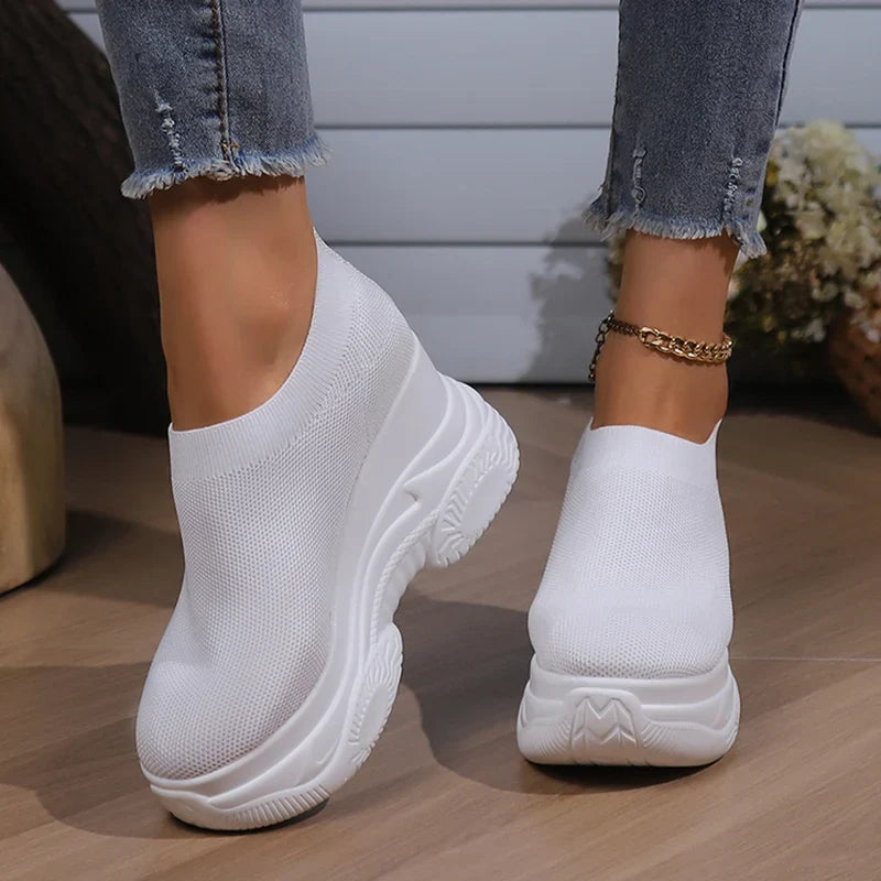 Black White Chunky Platform Knitted Sneakers Women Slip On Thick Bottom Vulcanizd Shoes Woman Breathable Mesh Walking Shoes