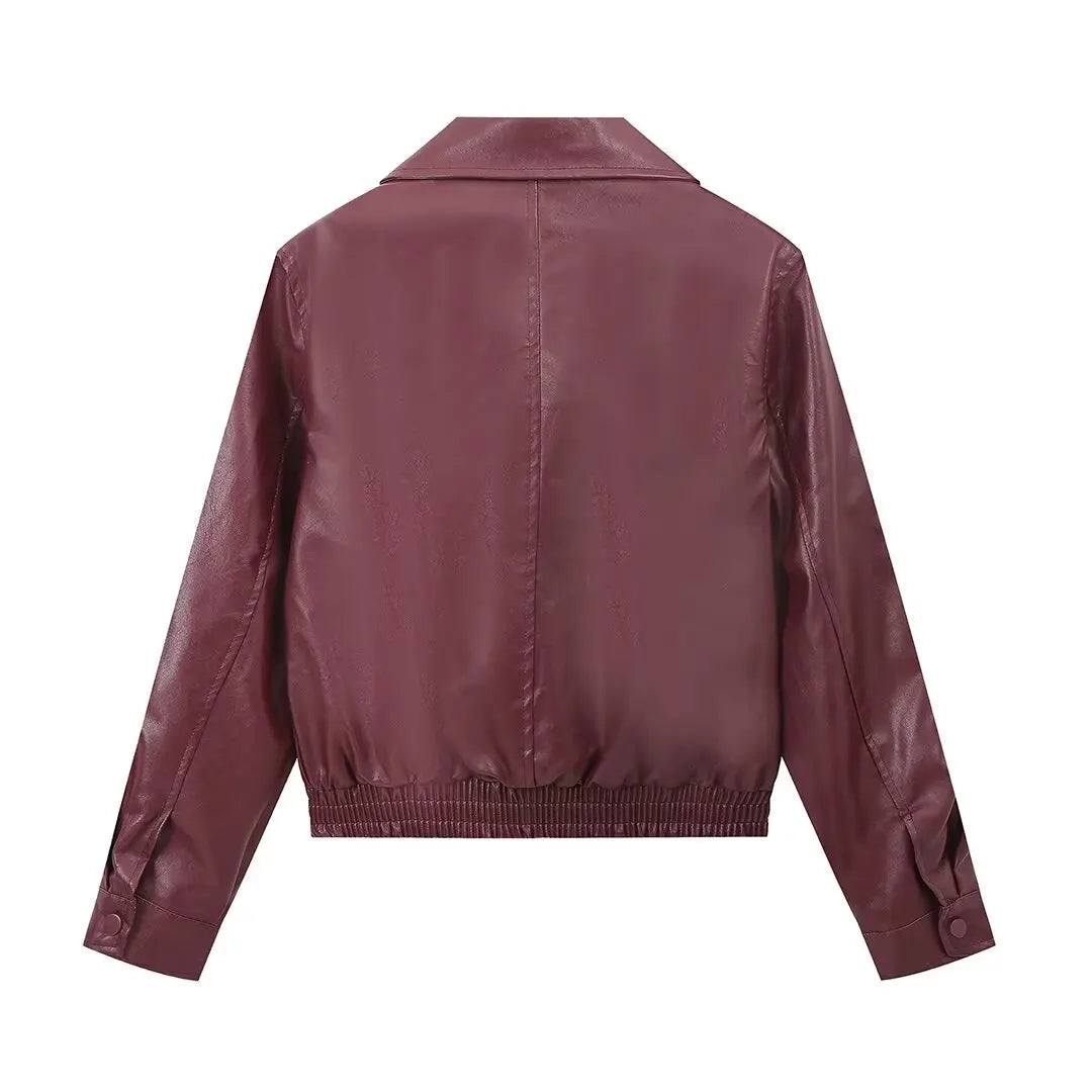 Foridol Wine Red Vintage Faux Leather PU Coat for Women Long Sleeve Turn Down Collar Zipper Autumn Winter Coat Jacket