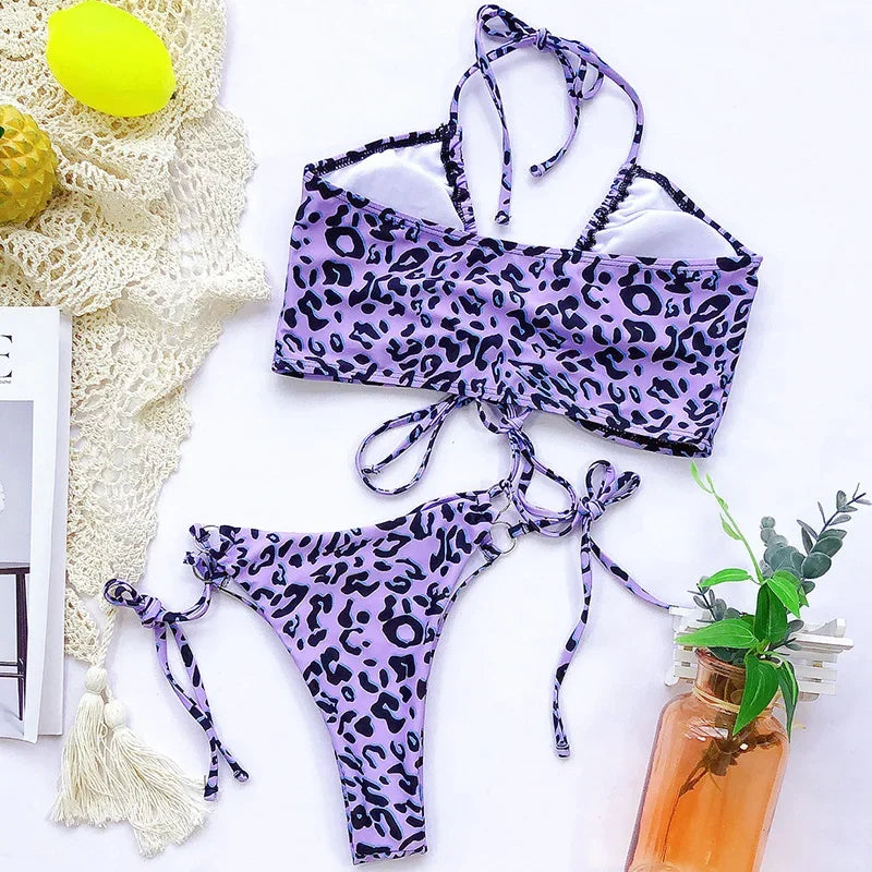 Sexy High Cut Leopard Bikini Women Thong Swimwear Female Swimsuit Two-pieces Bikini set Lace Up Bather Bathing Suit Swim Lady