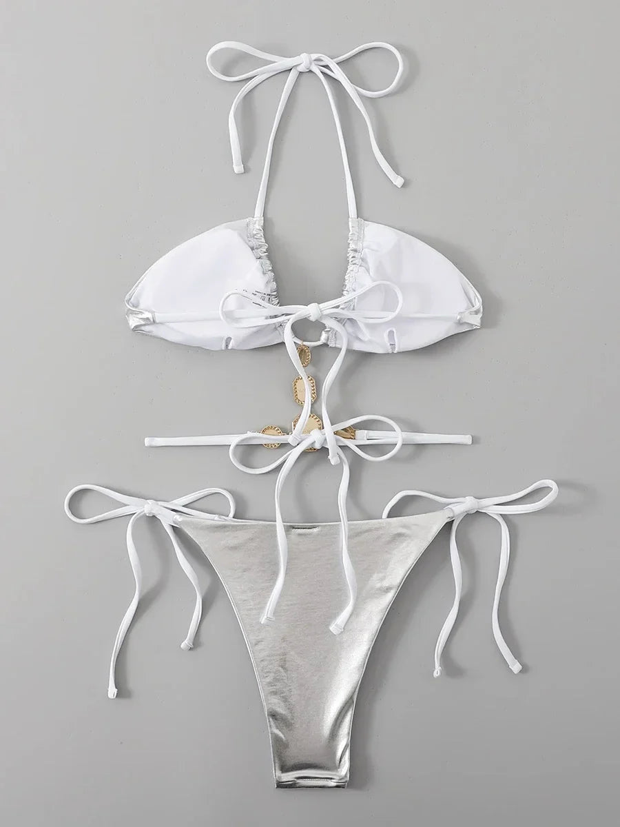 Halter Rhinestone Diamond Bikini Women Micro Thong Swimwear Female Swimsuit Two Pieces Bikini Set Satin Bathing Suit Swim Lady