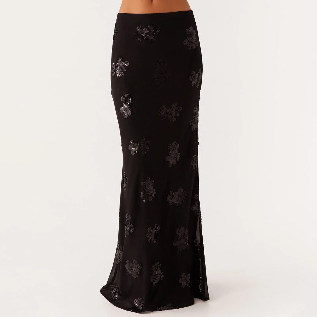 Elegant Sequin Long Skirts for Women Vintage Y2K Stylish Sequined Flowers Slim Fit Low Rise Maxi Skirt for Party Clubwear
