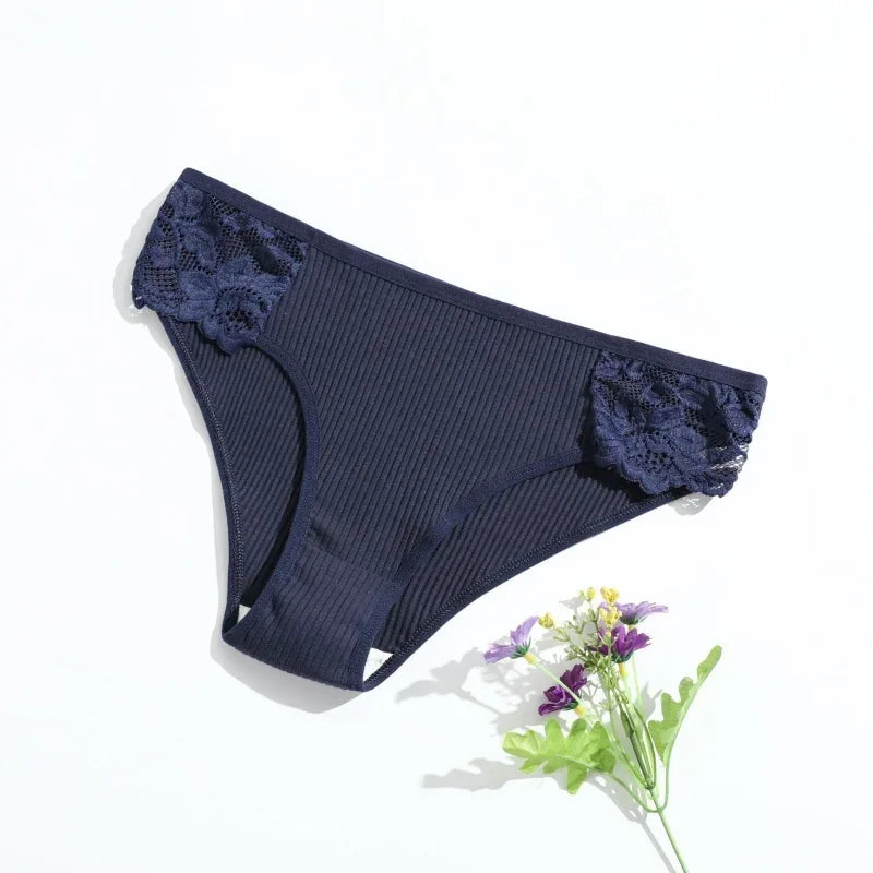 4Pcs/Set Cotton Panties Women Low Rise Briefs Breathable Underwear Solid Color Lace Trims Panty Female Underpants Sexy Lingerie