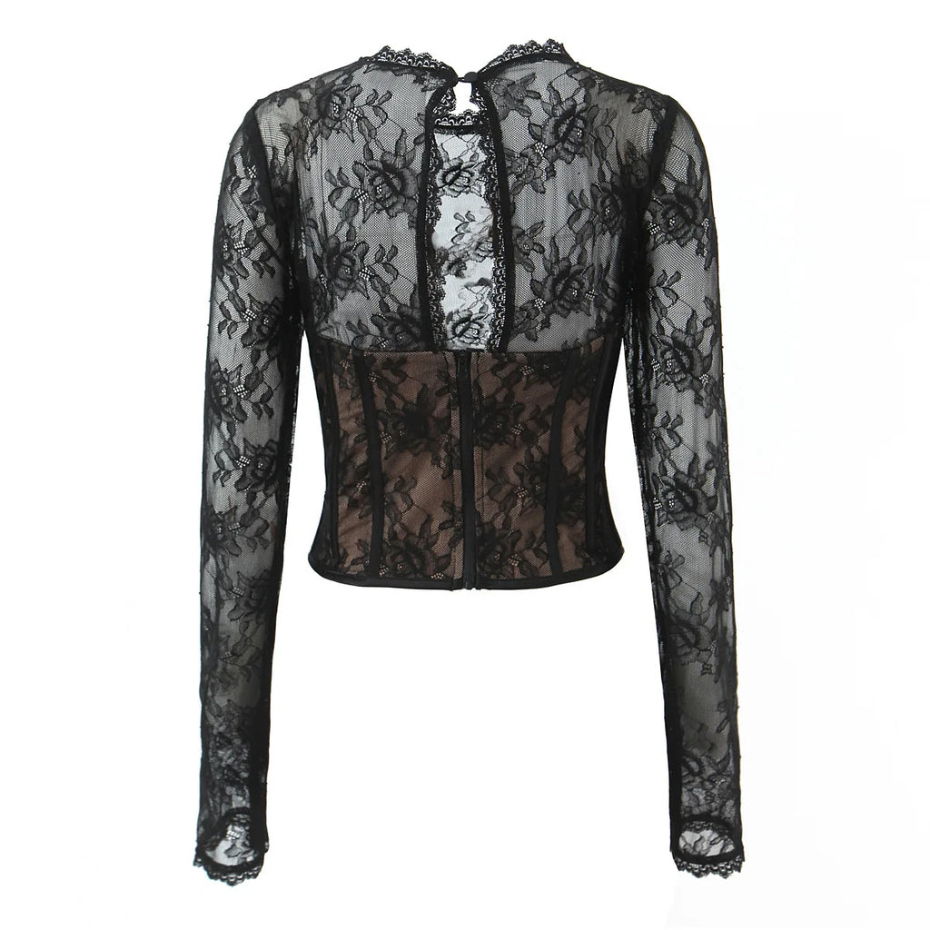 Pure Desire Sexy Sheer Crochet Lace Base Shirt Waist-Tightening Top T-Shirt For Woman Transparent Mesh Casual T-Shirt Charm ADSE