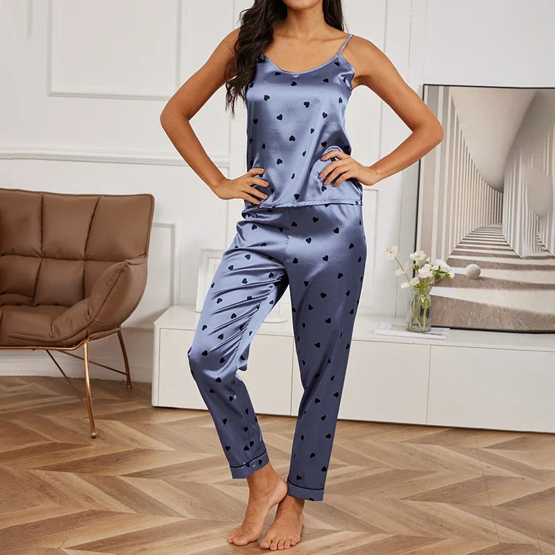 Ladies Heart Print Pajama Set Sexy V Neck Cami Top & Elastic Waistband Pants Pyjama 2 Pieces Women's Sleepwear & Loungewear Pjs