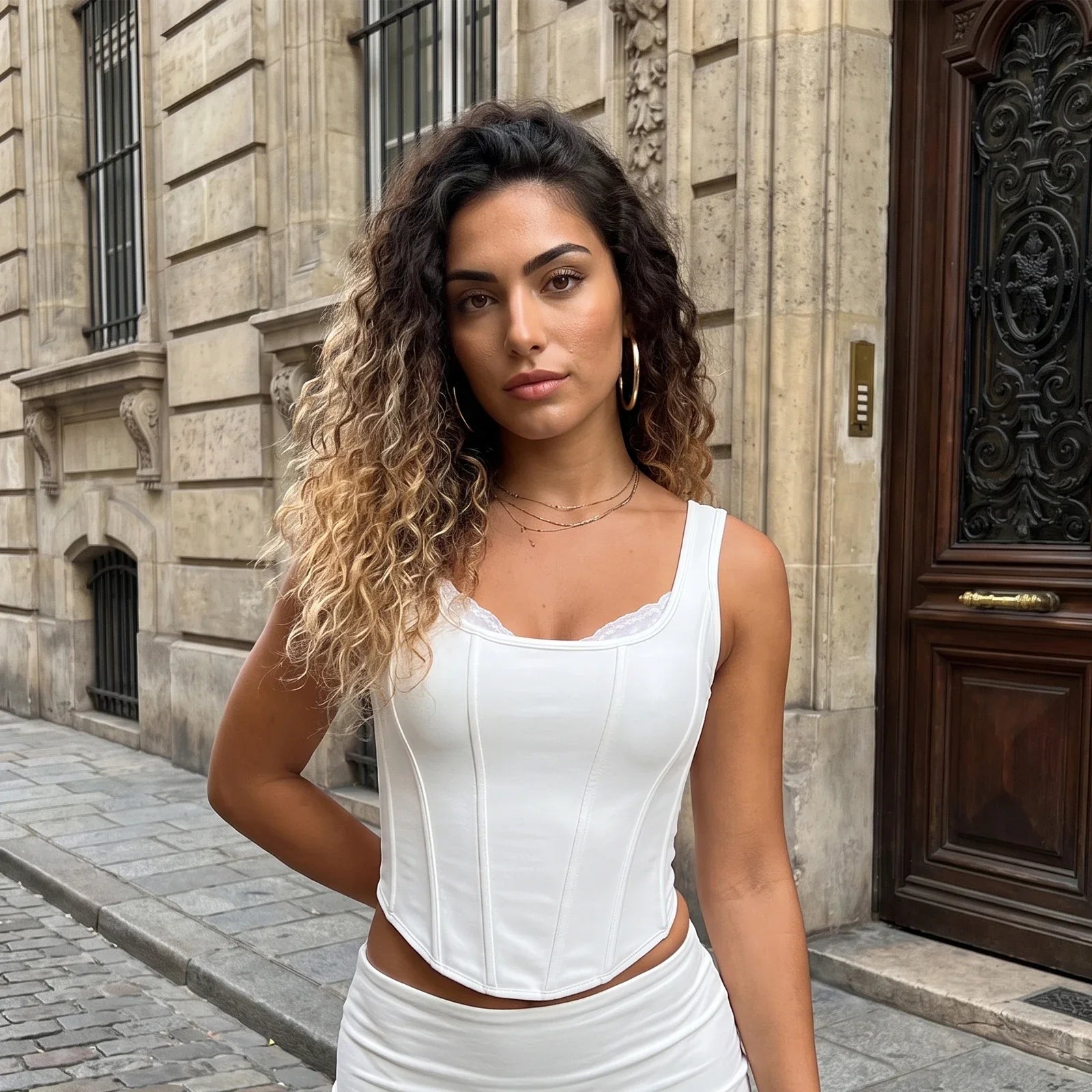 Women's Summer Solid Color Slim Tank Tops Lace Trim Scoop Neck Curved Hemline Corset Vest Streetwear