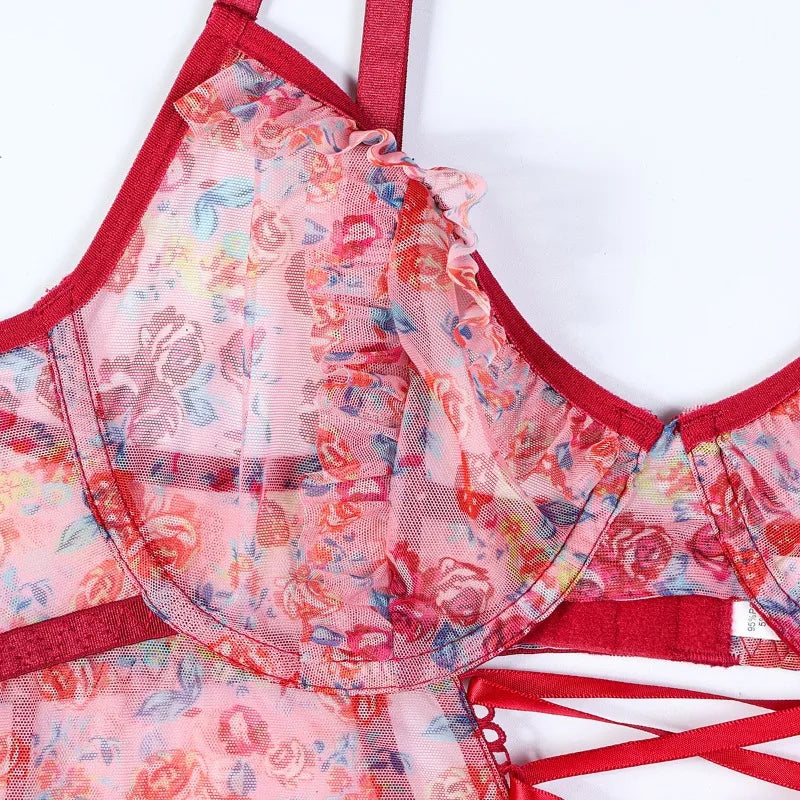 Toucheart Sexy Women Lace Backless Interesting  Babydoll Bodysuit Wrap Dress High Waisted Printing Bow Knot  Babydoll Bodysuit
