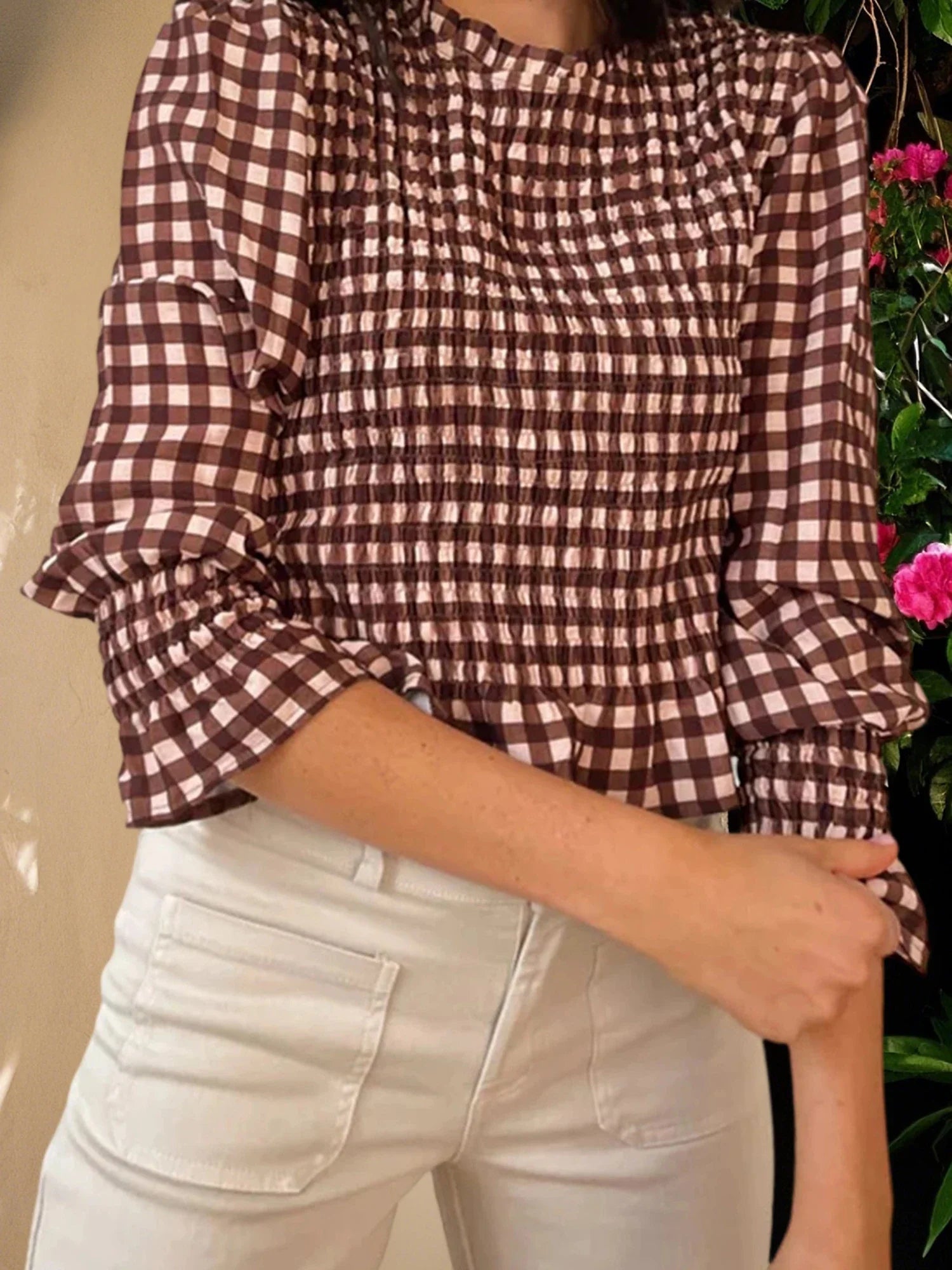Women Fashionable Casual Round Neck Smocked Bubble 3/4 Sleeve Tops Summer Fall Plaid Print Ruffled T-shirts