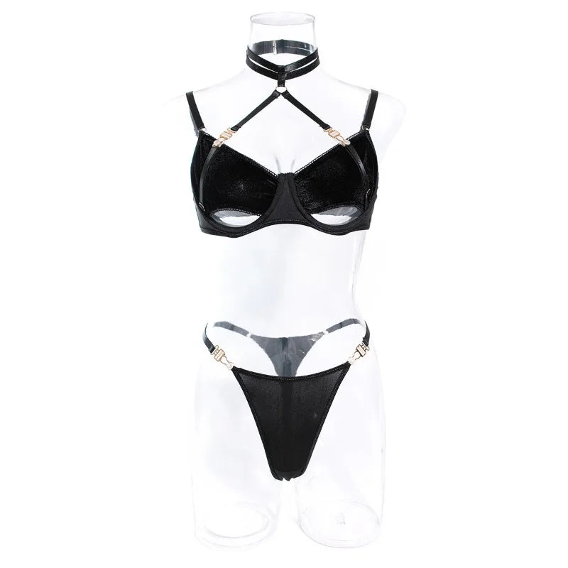 Toucheart 2-Piece Set Sexy Lingerie Women See-Through Halter Neck Comfortable Garter Socks Solid Color Hollow Out Underwear Set