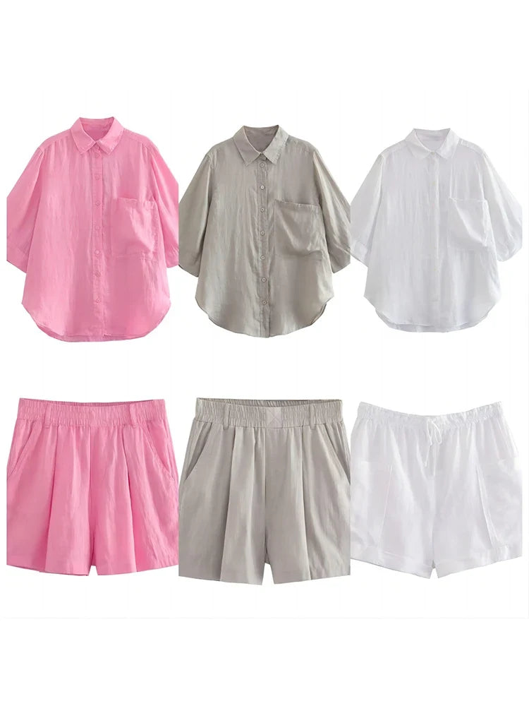 Foridol Casual 2 Pcs Shorts Women Set Linen Cotton Pink Oversize Buttons Shirt+shorts Outfits Summer Autumn White Fashion Set