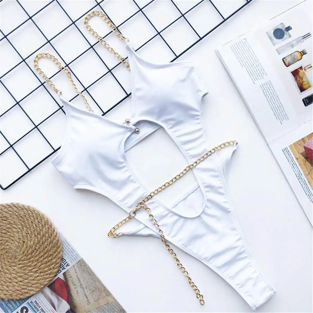 2026 Sexy Golden Chain String High Cut Leg One Piece Swimsuit Women Swimwear Female Bather Tummy Cut Out Bathing Suit Swim V1667