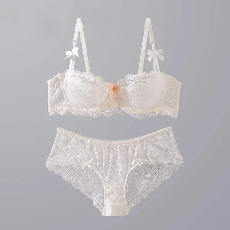 MOYISU Summer Lingerie Set Sheer French Lace Minimiser Bra Briefs Ultra Thin Sexy Women's Underwear Big Bust Sexy Tushy & Panty