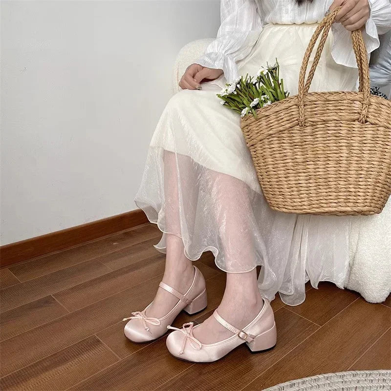 2025 spring cute sweet Bowknot Mary Janes for Women  vintage Silk Med Heels  pumps Ladies  Banquet Wedding Single Shoes Mujer
