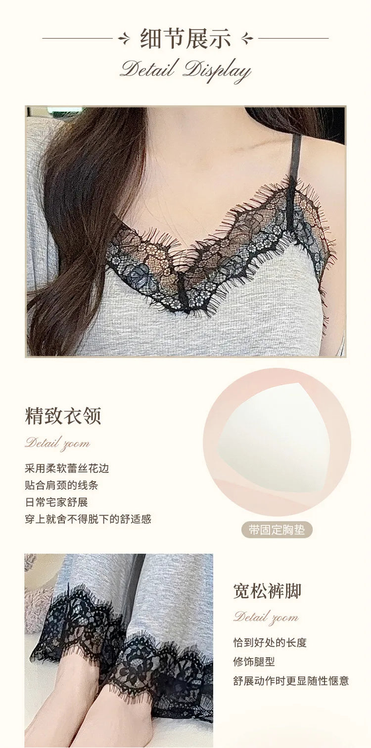 spring and summer modal pajamas women's suspender pajamas three-piece set pure lust style high-end home wear with chest pad set
