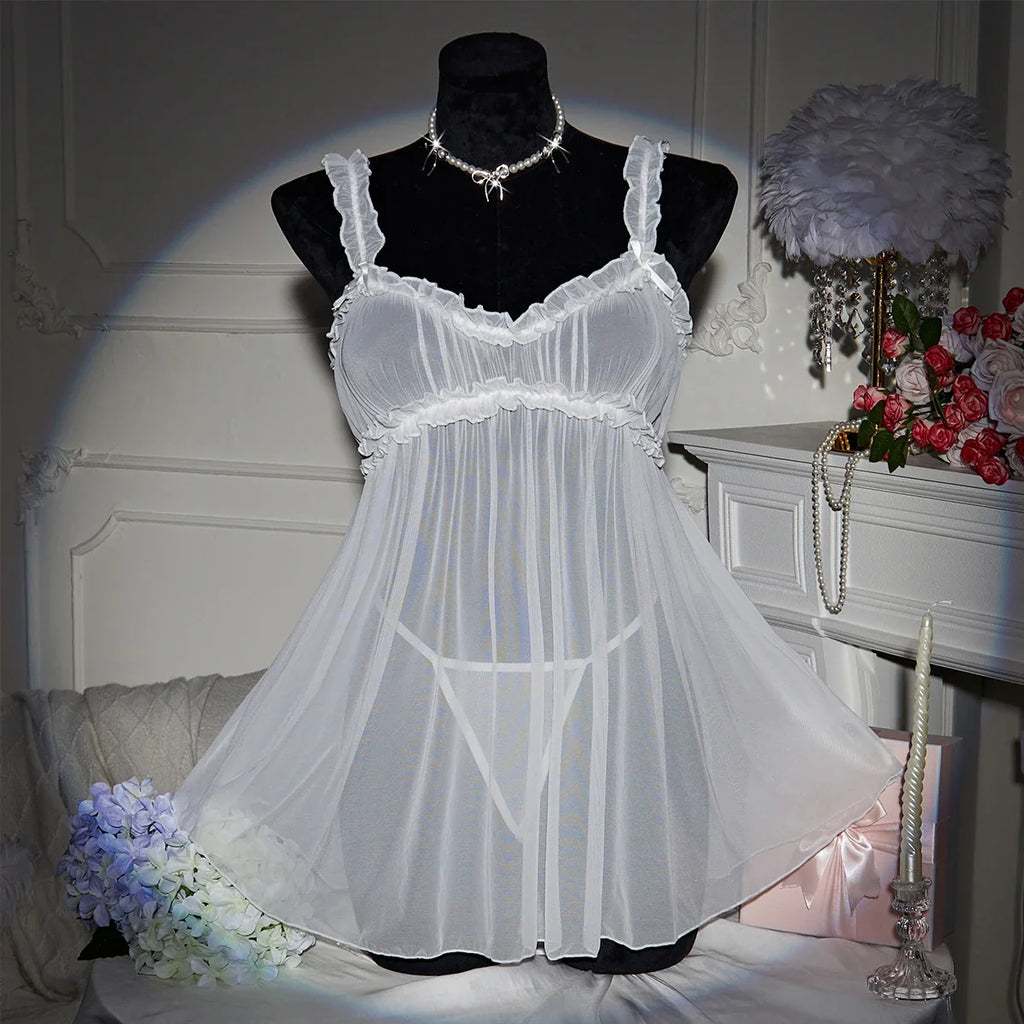 White Sexy Lingerie Women's Underwear Mesh See Through Babydoll Nightdress And Thongs Pijamas Sets Female Erotic Costumes