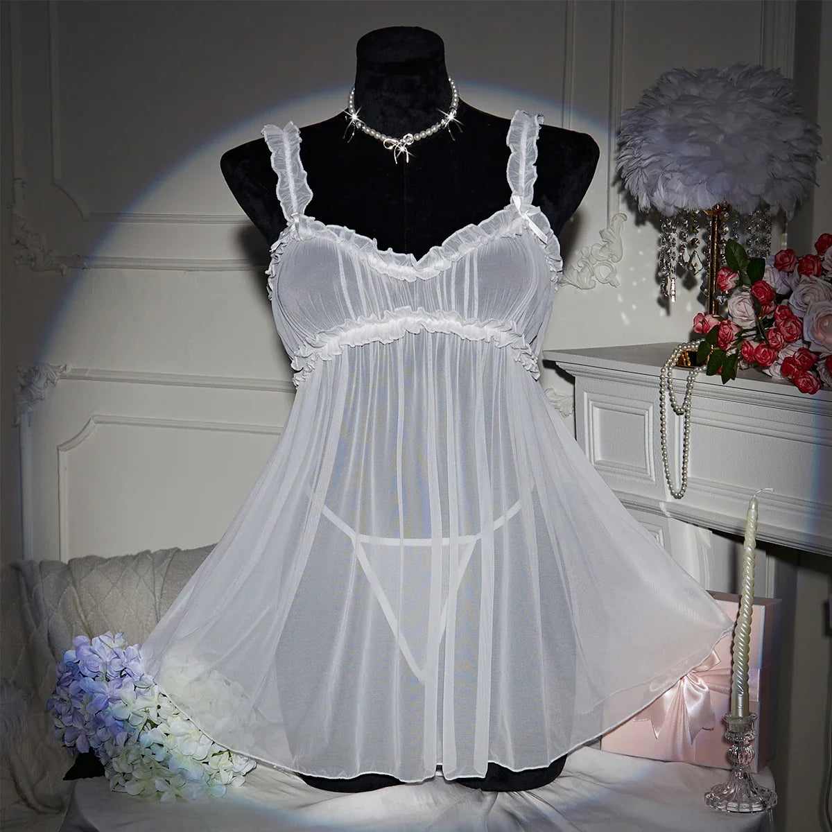 White Sexy Lingerie Women's Underwear Mesh See Through Babydoll Nightdress And Thongs Pijamas Sets Female Erotic Costumes
