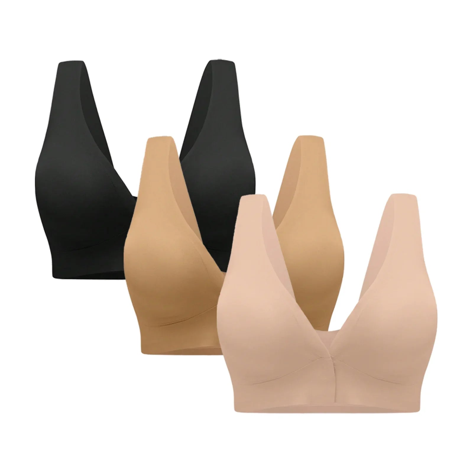 3 Pcs Women' Deep V Wire-free Bras Wide Strap Front Closure Sexy Push Up Seamless Bralettes For Cup A B C D