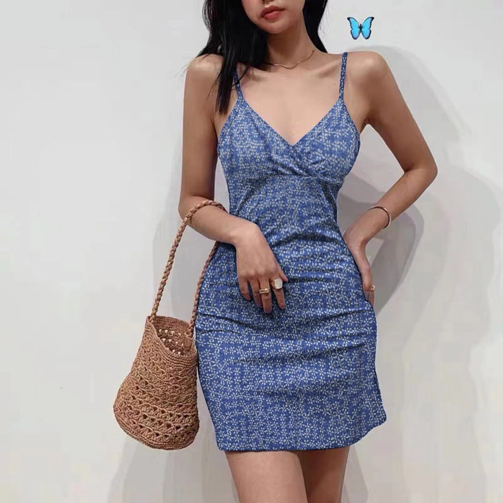 Women's Bohemian Floral Print Mini Dress V Neck Spaghetti Strap Wrap Bodycon Short Dress Casual Slim Fit Summer Beach Sundress