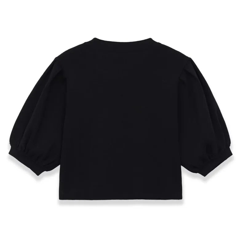 Fashion Casual Round-neck Puff Sleeve Knitted Top Women Black Puff Sleeve Knit T Shirt Crew Neck Short Sleeved Casual Top 99K0