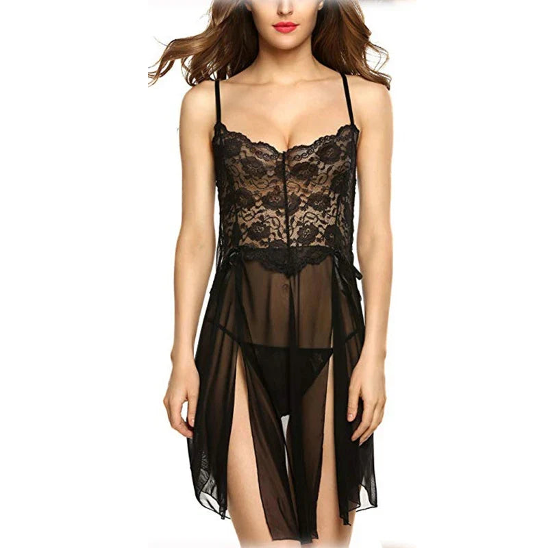 Women's Lace Trim Cami Nightdress - Sexy Side Slit & Mesh Panel, Perfect for Loungewear & Intimate Nights