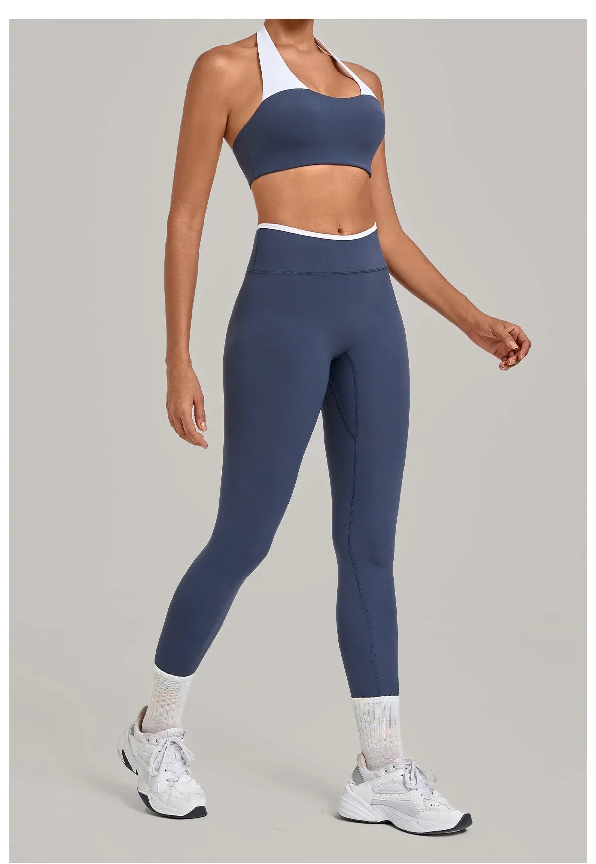 2 Pieces Color-block Yoga Sets Women  Hanging Neck Sports Bra High Waist Pants Built-in Pockets Outdoor Fitness Workout Suit