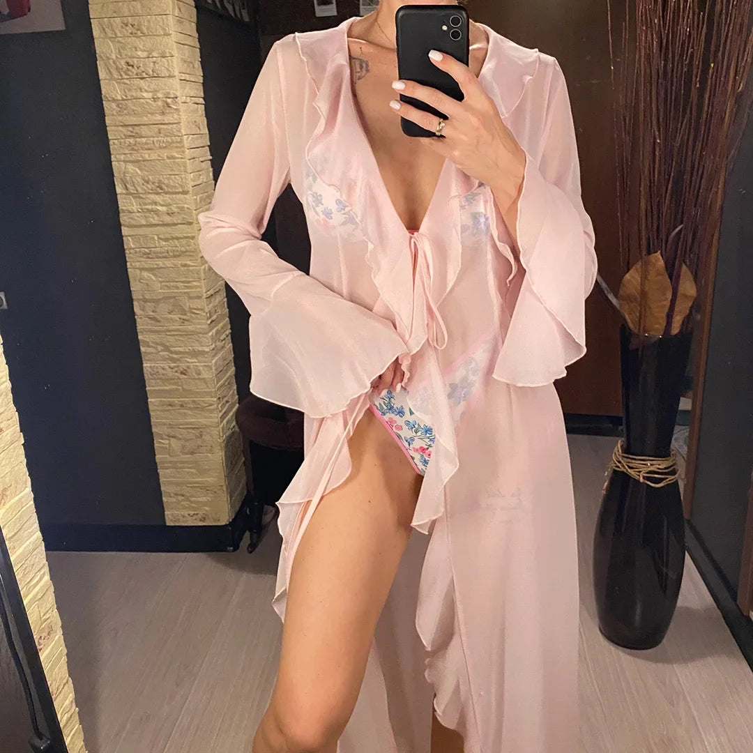 New Sexy V Neck Ruffled Long Sleeve Chiffon Tunic Beach Cover Up Cover-ups Beach Dress Beach Wear Beachwear Female Women V5976