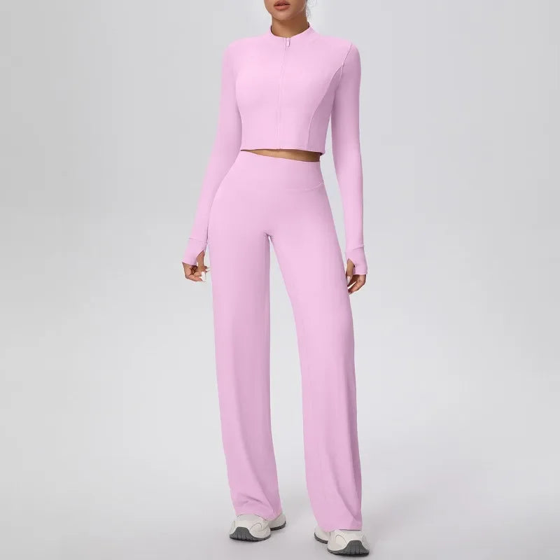 2 Pcs Women's Seamless Yoga Set Long-sleeved Wide-leg Pants Tracksuit Fitness Sports Set High-waisted Hip-lifting Slim-fit Suit