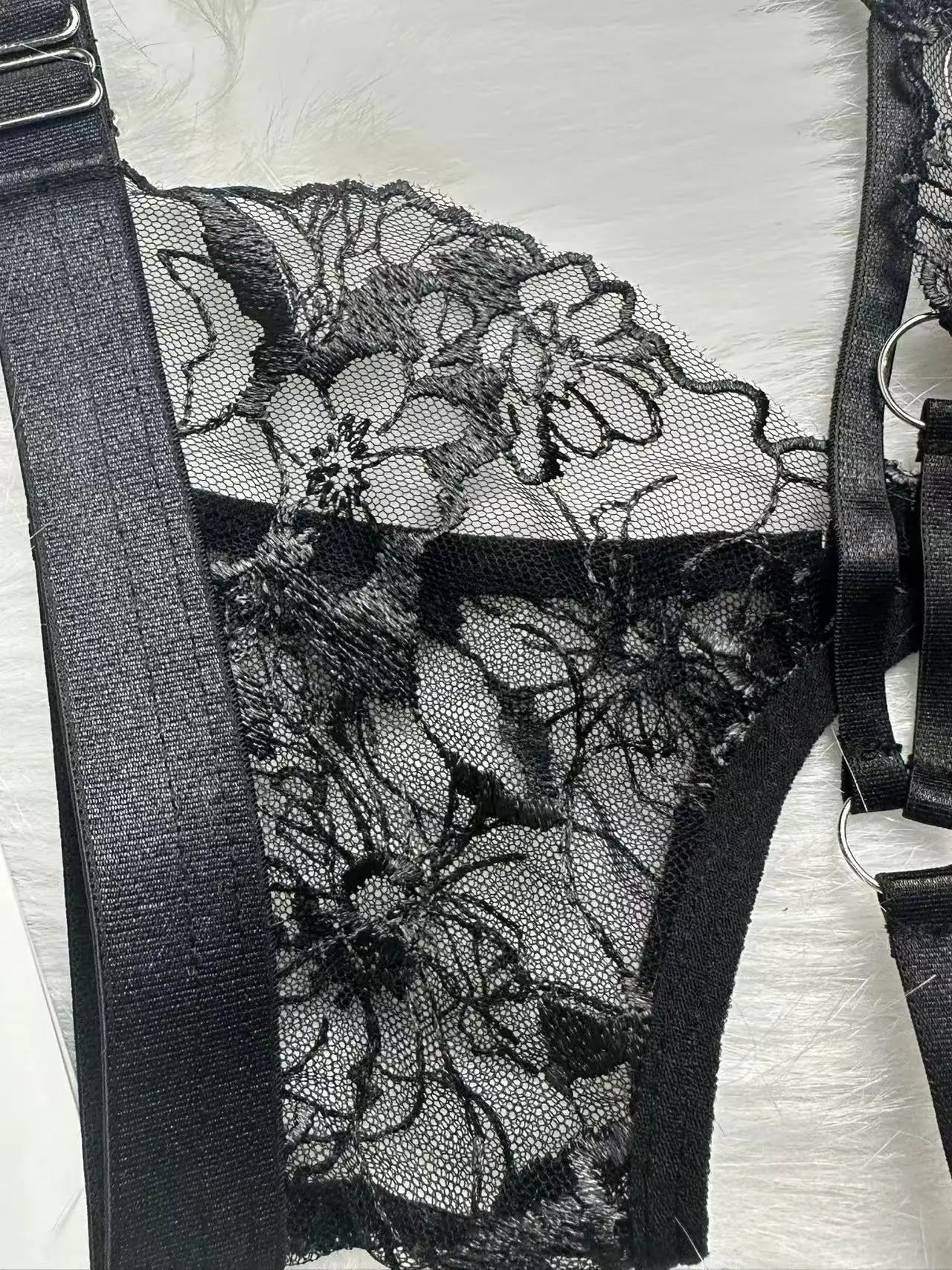 French sexy halterneck embroidered mesh see-through patchwork sexy underwear panties garter set