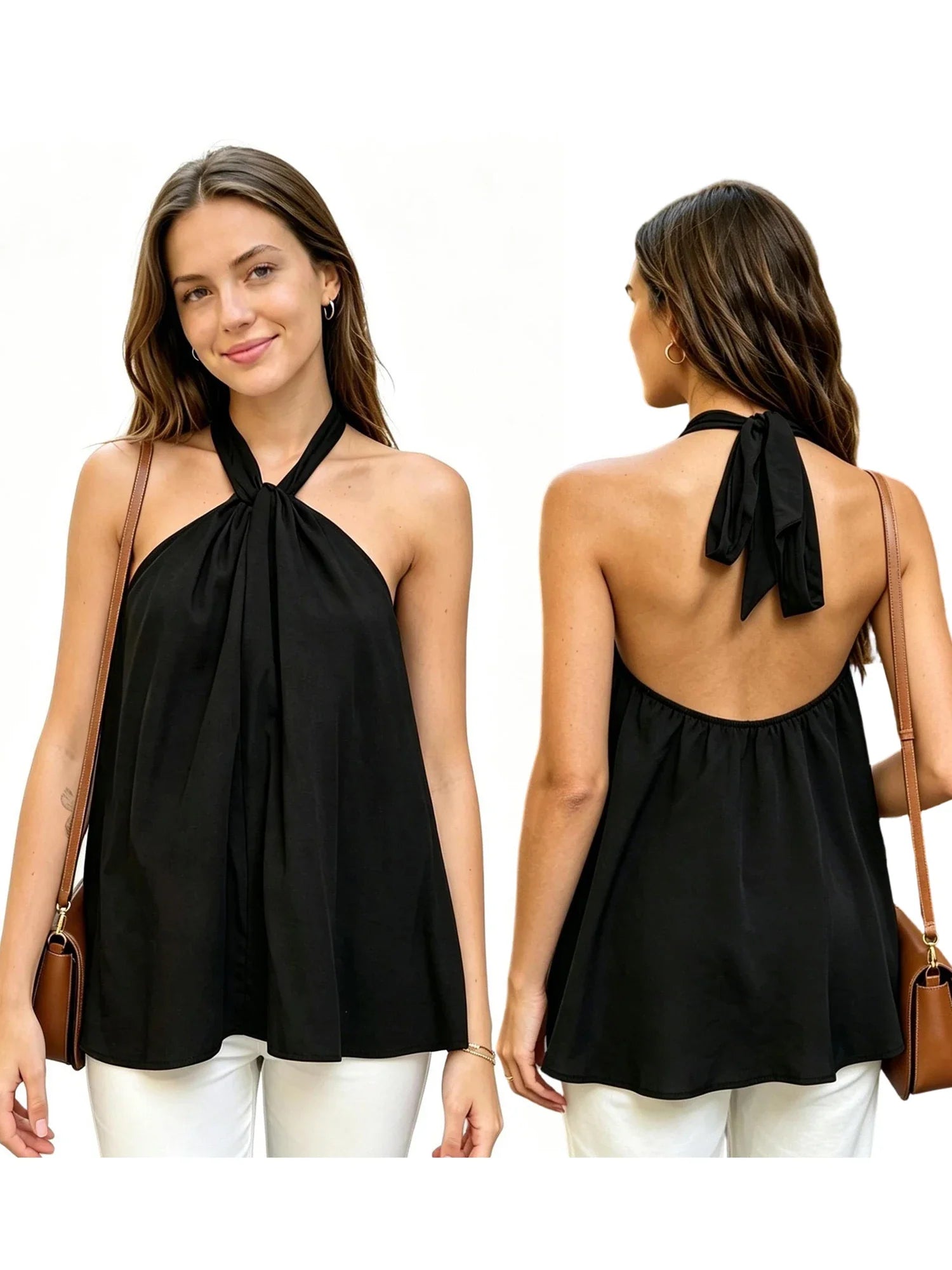 Women Tie-up Halter Tops Loose Solid Color Sleeveless Open Back Ruffled Vest Stylish Summer Streetwear