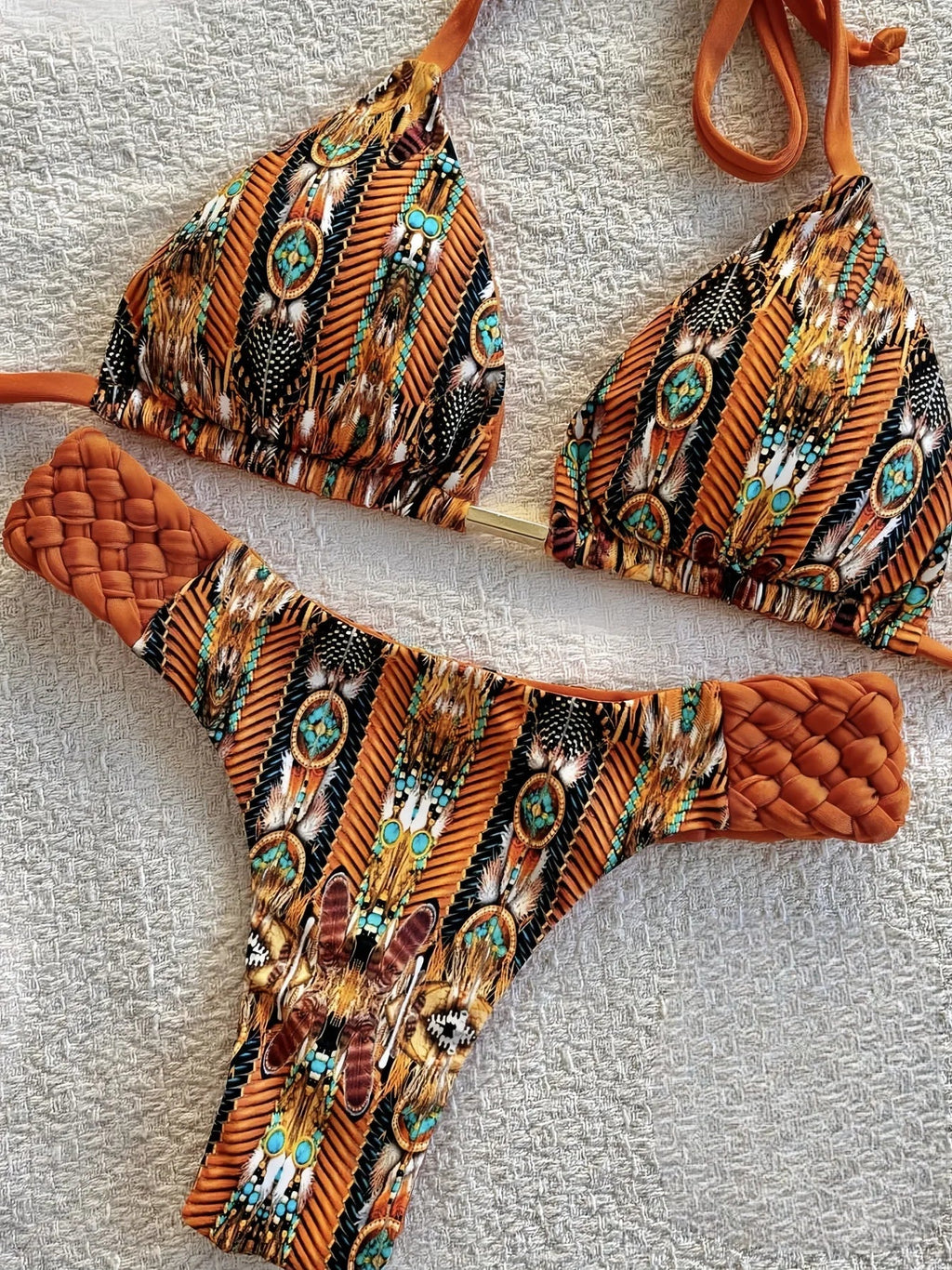 Sexy Vintage Print Bikini Set 2025 Women Orange Cut Out Weave Thong Swimsuit Bather Bathing Suit Two Piece Swimwear Biquini