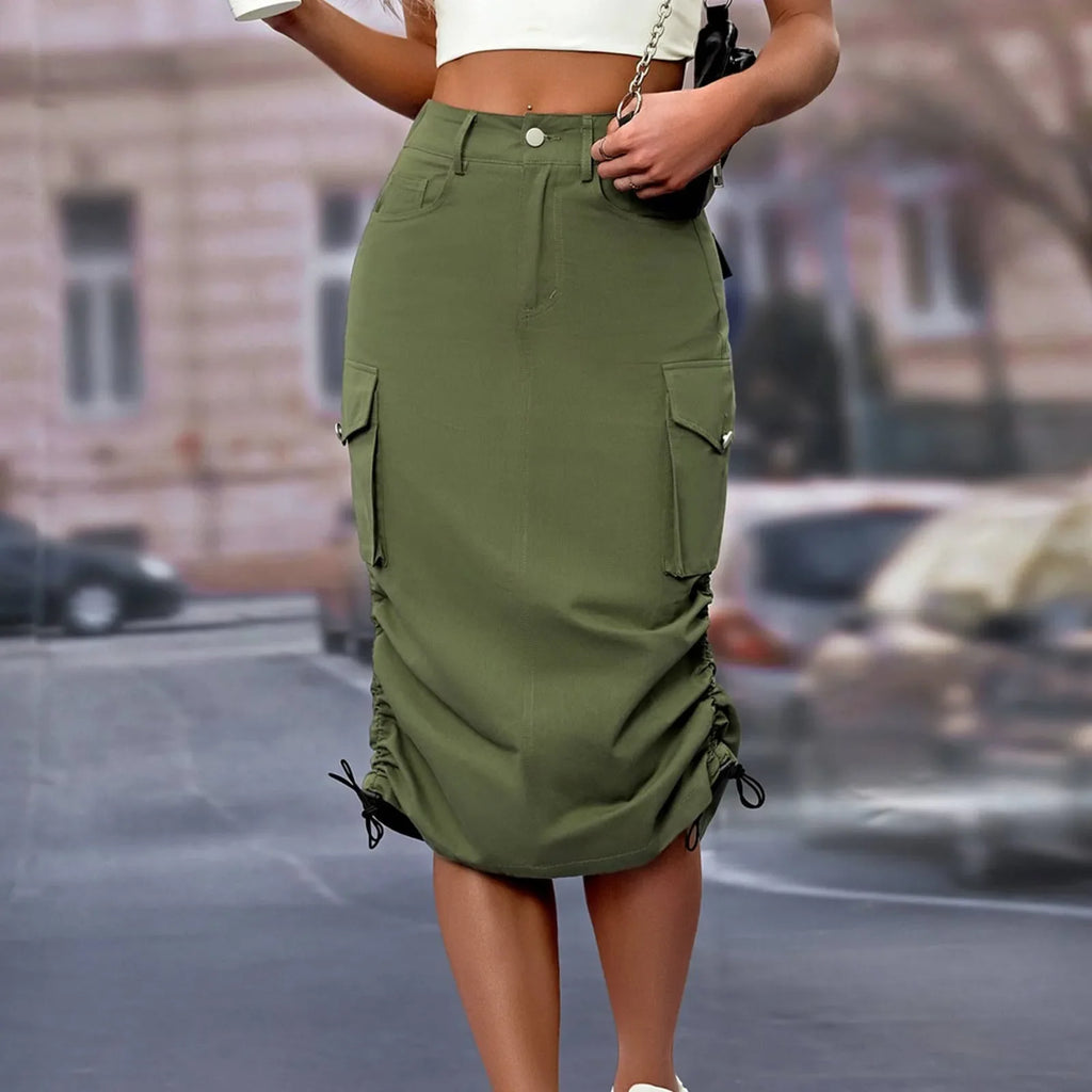 Womens Cargo Midi Skirt High Waist Multi Pocket Pencil Skirt Side Drawstring Ruched Split Hem Bodycon Summer Skirts Streetwear