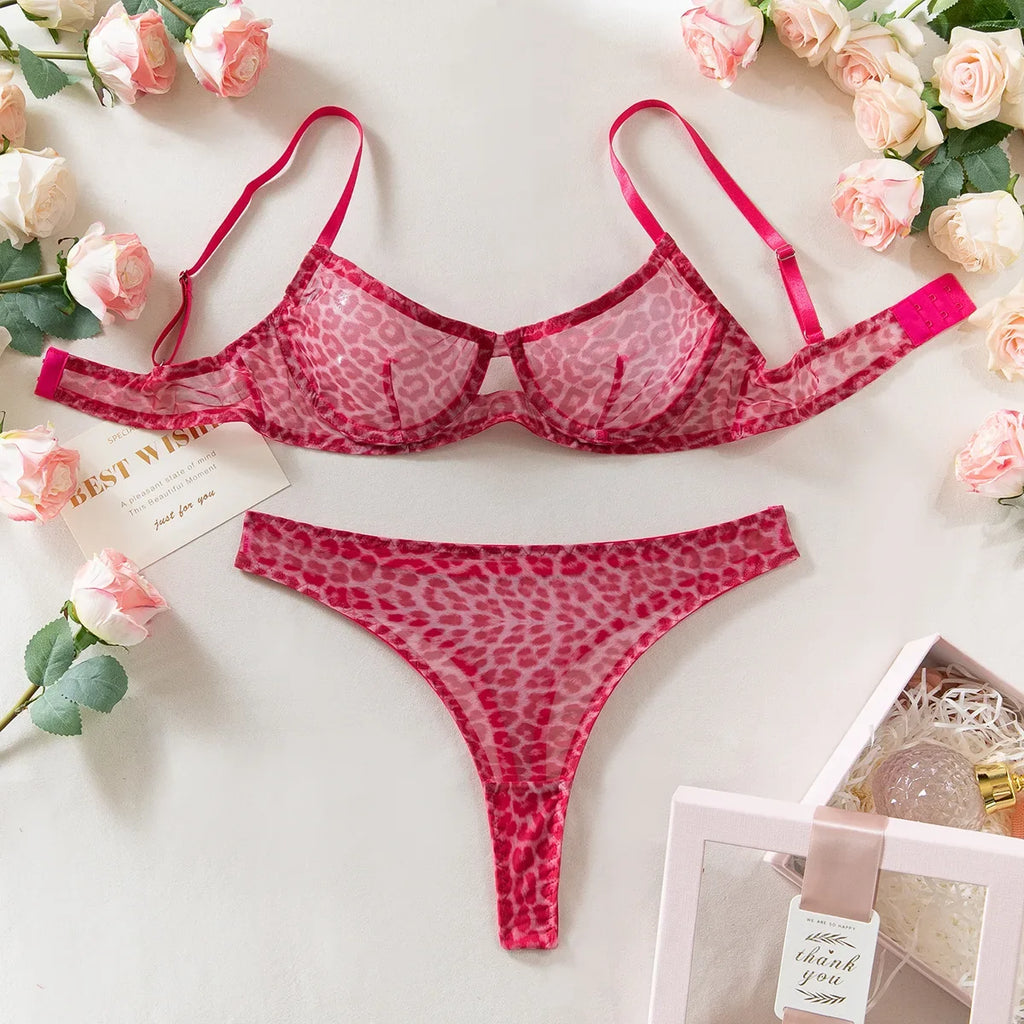 Leopard Printed See Through Bra and Panty Set Women Sexy Lingerie Ultra-thin Transparent Underwear Intimate Sleepwear